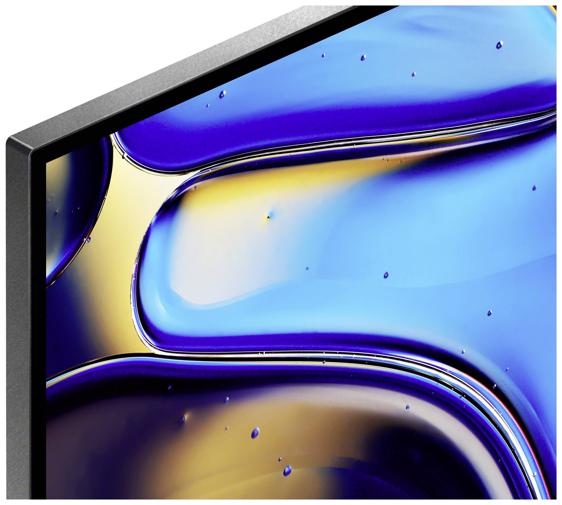 Una parte di uno schermo con un design astratto in tonalità di blu e accenti oro giallastro, che simboleggia tecnologia moderna e stile.
