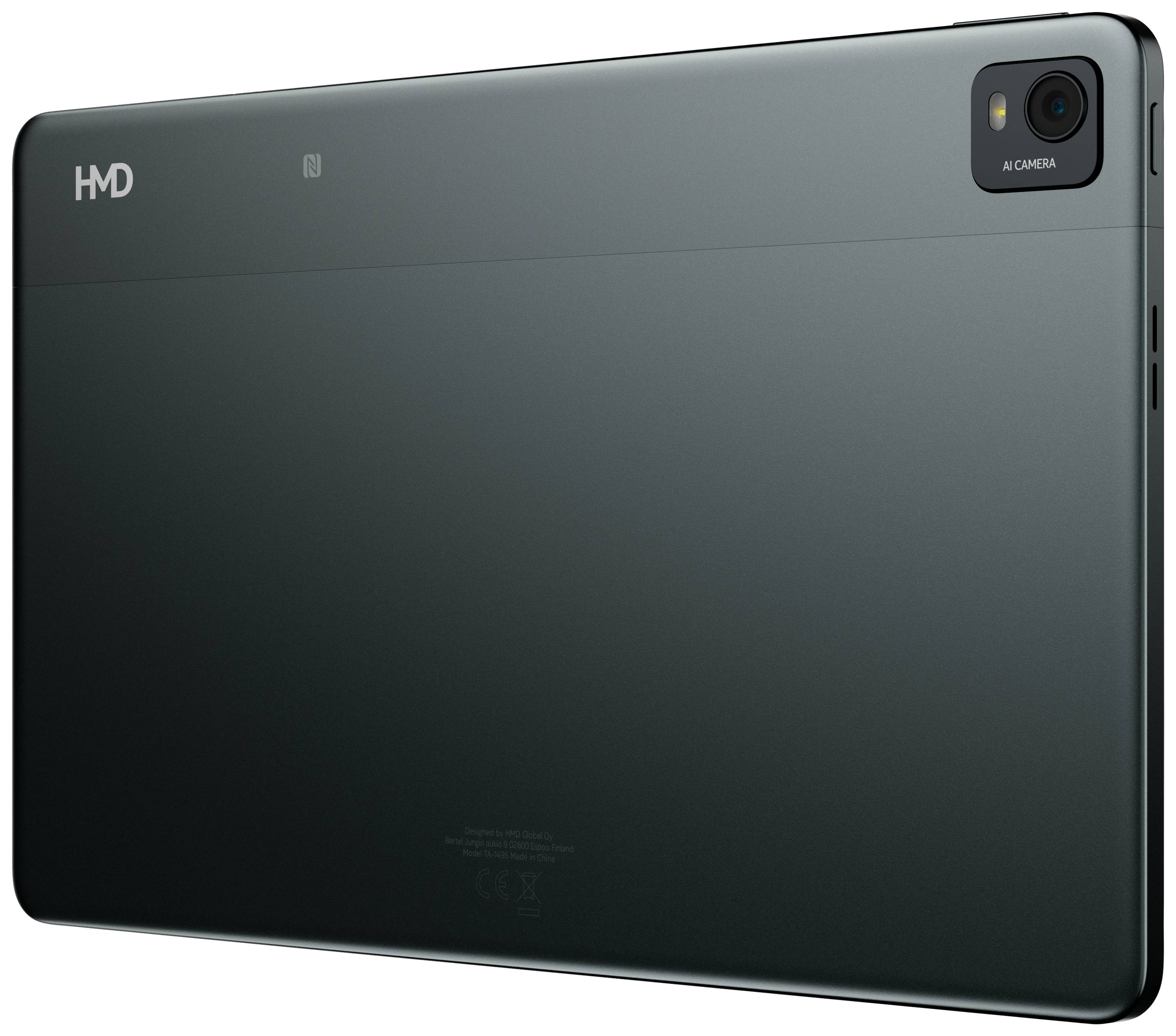 Retro di un tablet grigio scuro con una fotocamera nell'angolo superiore destro e il logo 'HMD' sul lato sinistro.