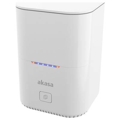 Stazione di montaggio per hard disk esterno di Akasa in bianco con indicatori LED blu e rossi sul frontale.