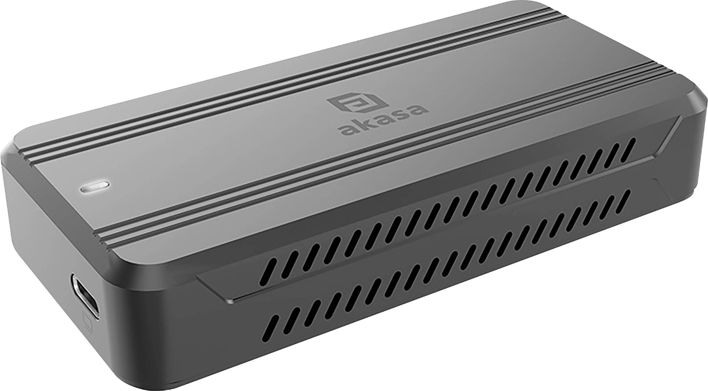 Custodia per computer nera e rettangolare di Akasa, con fessure di ventilazione e una porta USB sul lato.