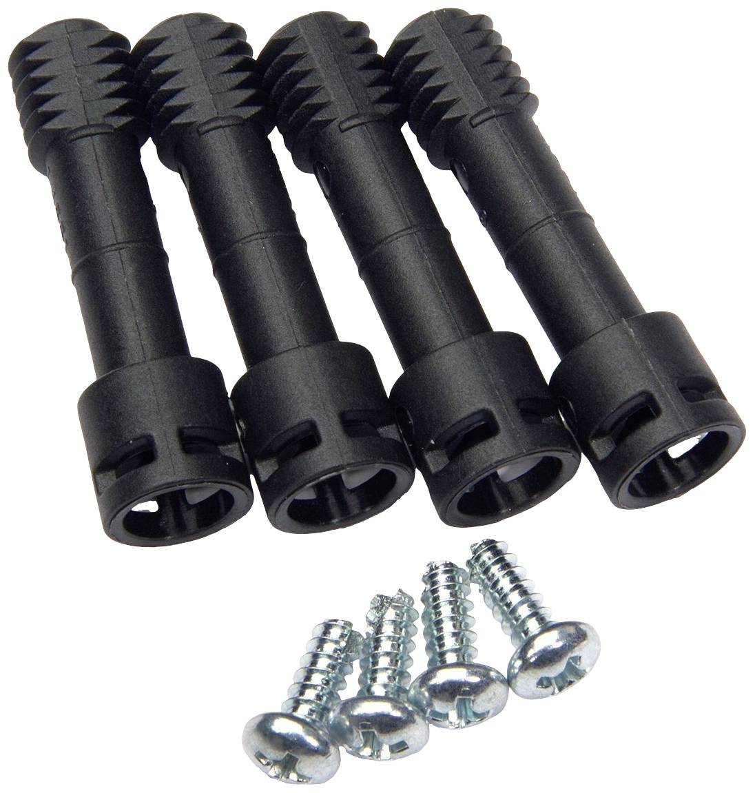 Quattro tasselli neri in plastica, ciascuno con due anelli metallici e quattro viti argentate. Servono per un fissaggio stabile nelle pareti.