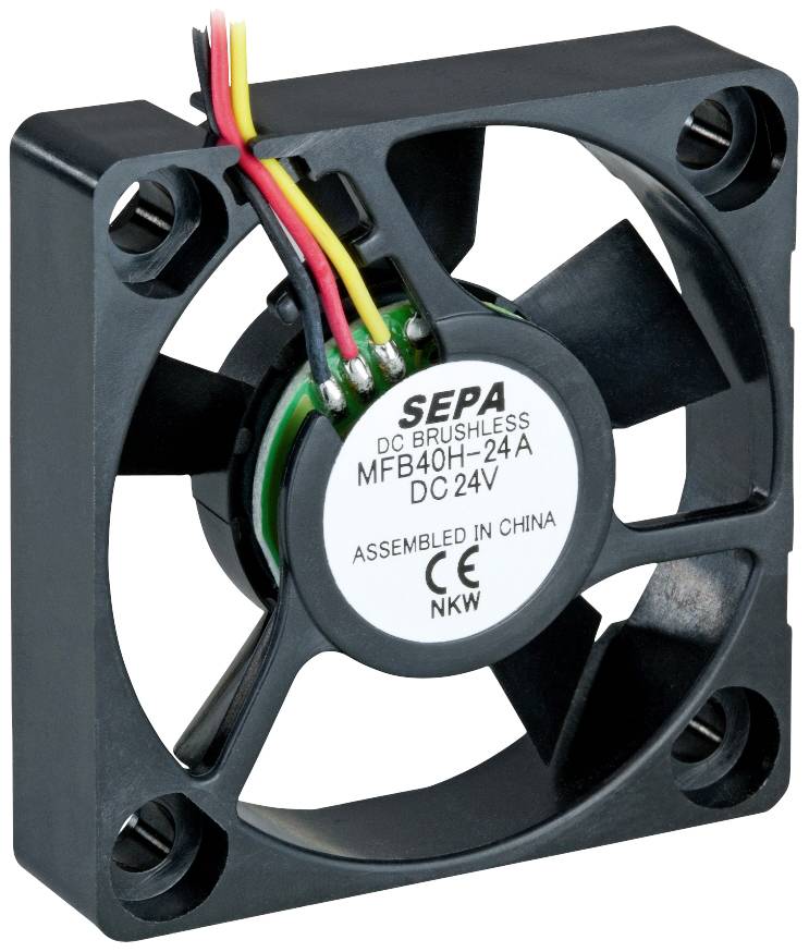 Piccolo ventilatore nero con cavi, sul quale è visibile un'etichetta che recita: 'SEPA DC Brushless MFB40H-24A DC 24V, Assemblato in Cina'.