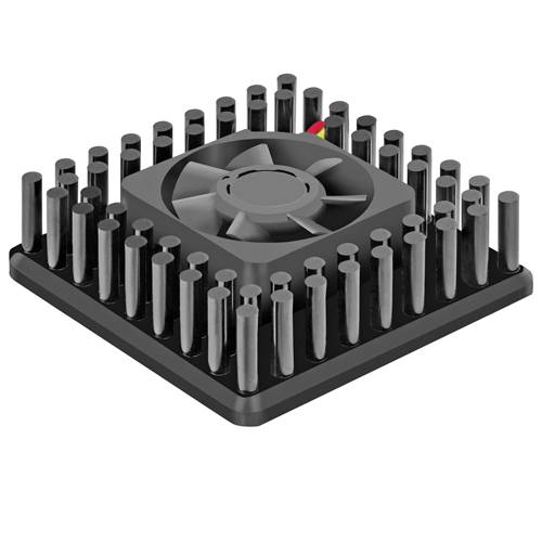 'Dissipatore di calore nero con ventola integrata, circondato da perni metallici, per la dissipazione del calore in dispositivi elettronici.'