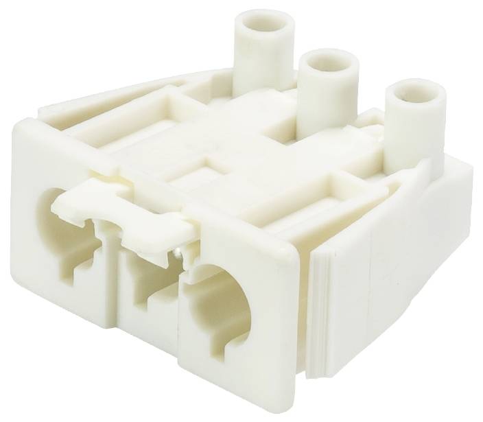 Un connettore bianco in plastica con tre slot. Progettato per connessioni elettriche in applicazioni tecniche.
