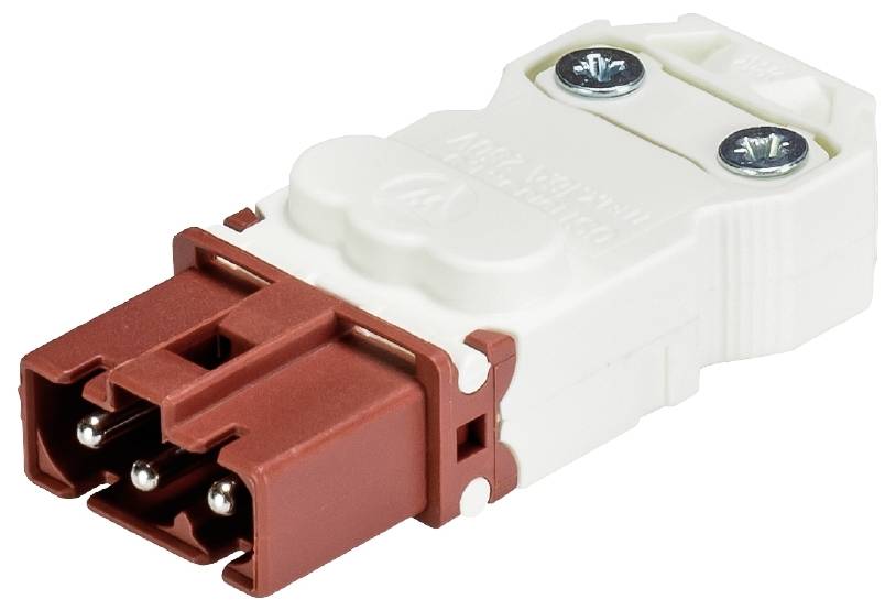 Un connettore elettrico bianco e rosso con tre contatti metallici, due viti visibili per il fissaggio.