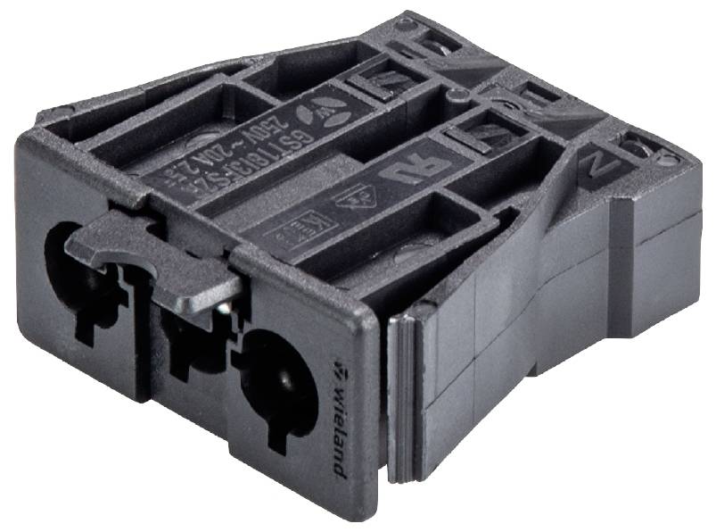 Un modulo morsetto nero con due punti di connessione, prodotto da Wieland, per il cablaggio elettrico.