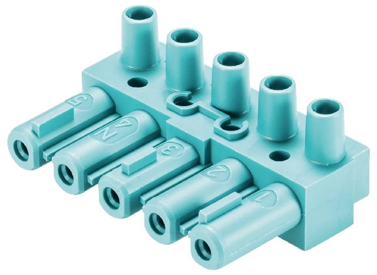Un connettore pneumatico turchese con cinque punti di connessione e numeri stampati da 1 a 5 per l'identificazione.