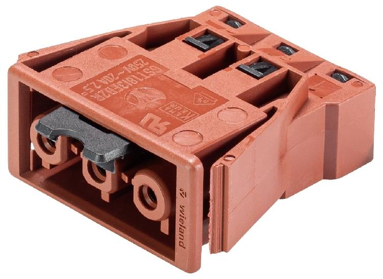 Spina elettrica rossa con tre connettori e marcature tecniche, idonea per applicazioni fino a 24V.