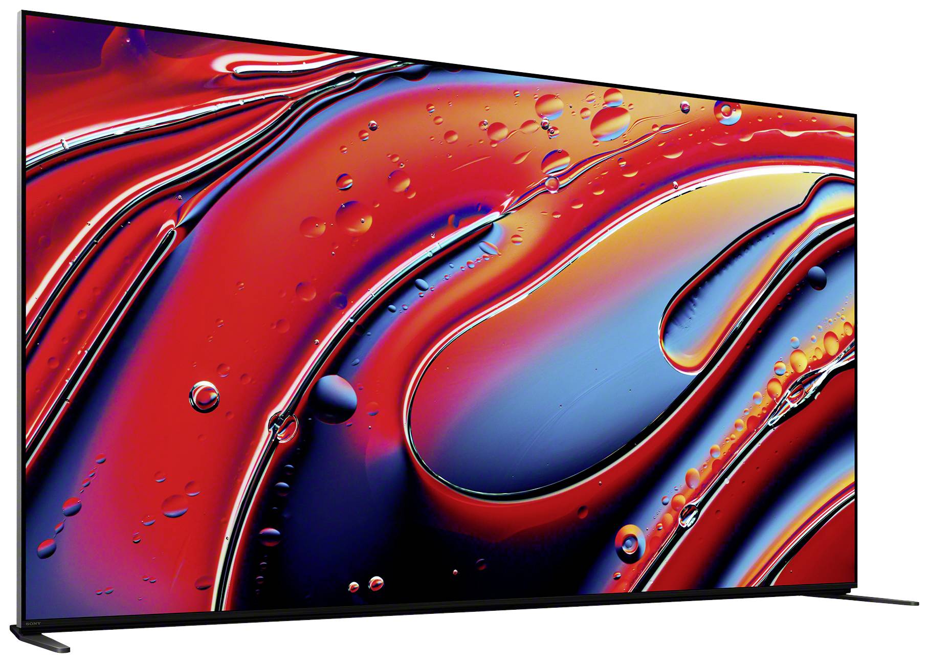 Un televisore moderno mostra un'arte digitale astratta con linee fluide e forme colorate in tonalità di rosso e blu.