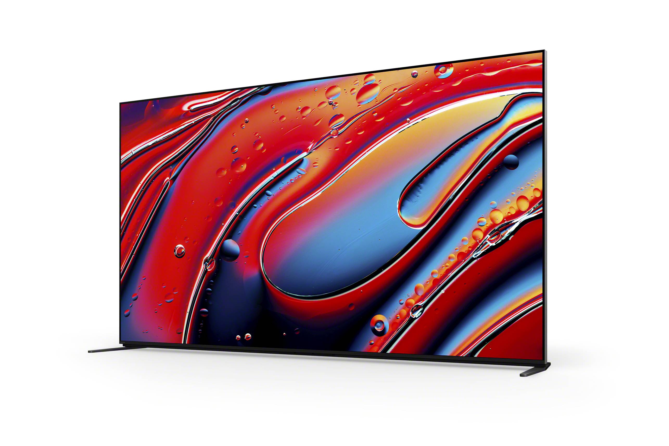 Un televisore con un design artistico astratto e vivace sullo schermo, che mostra sfumature fluide di rosso e blu.