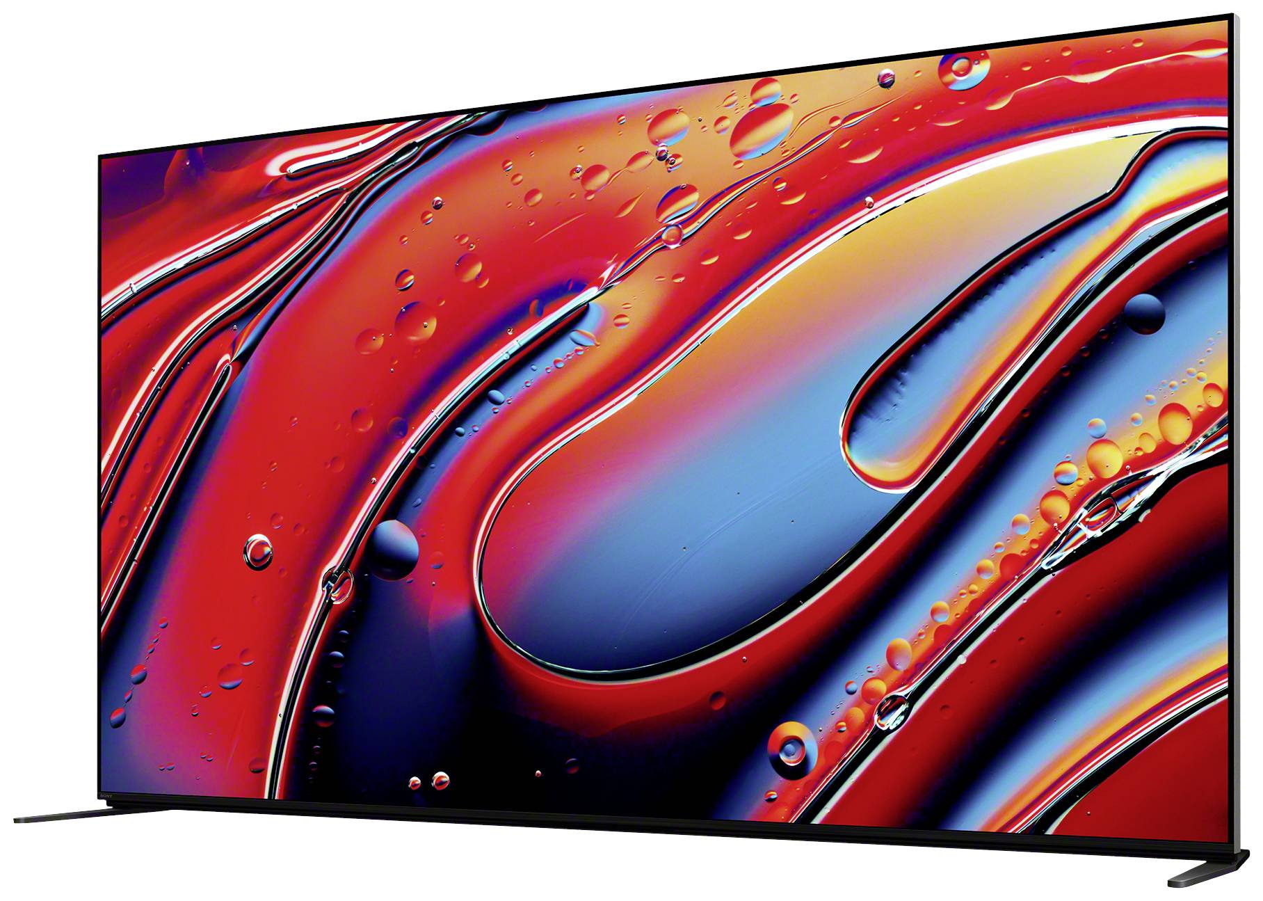 Un televisore moderno con un'immagine astratta luminosa che mostra colori fluidi in rosso e blu.