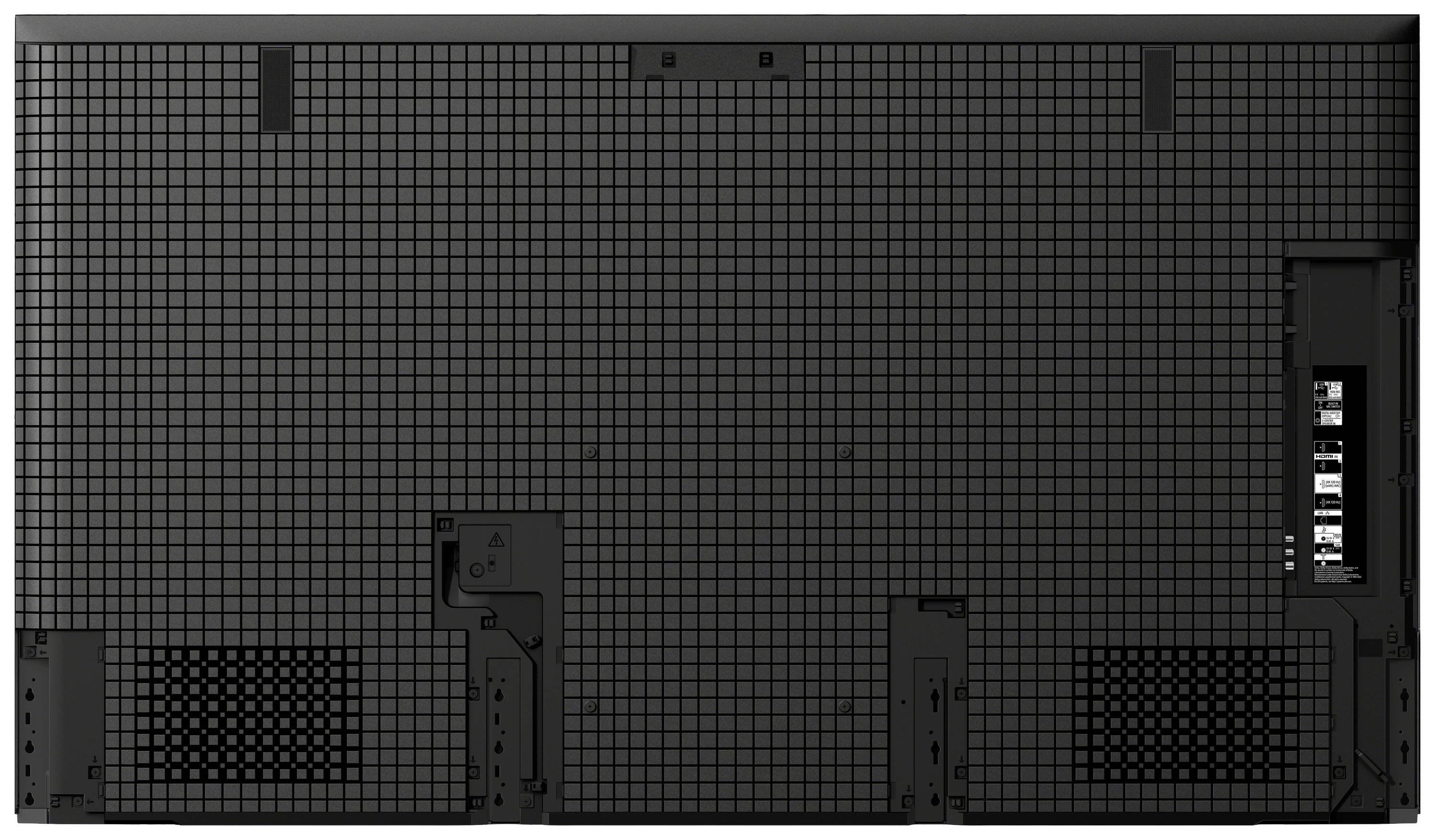 Veduta posteriore di un televisore nero, con un motivo a griglia. Sul lato destro sono visibili gli slot e le porte di connessione.