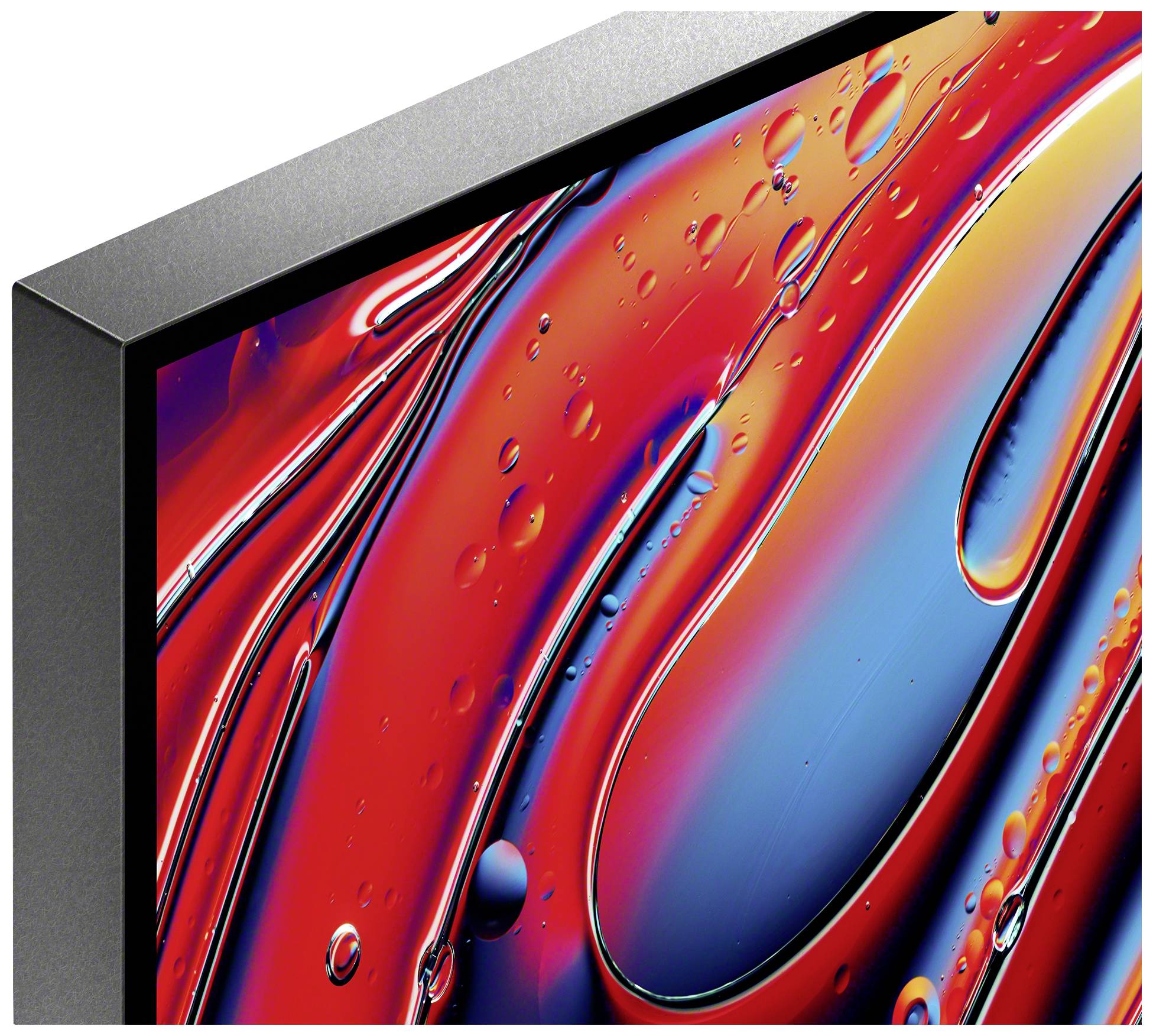 Primo piano astratto di forme liquide rosse e blu con curve morbide e riflessi cangianti.