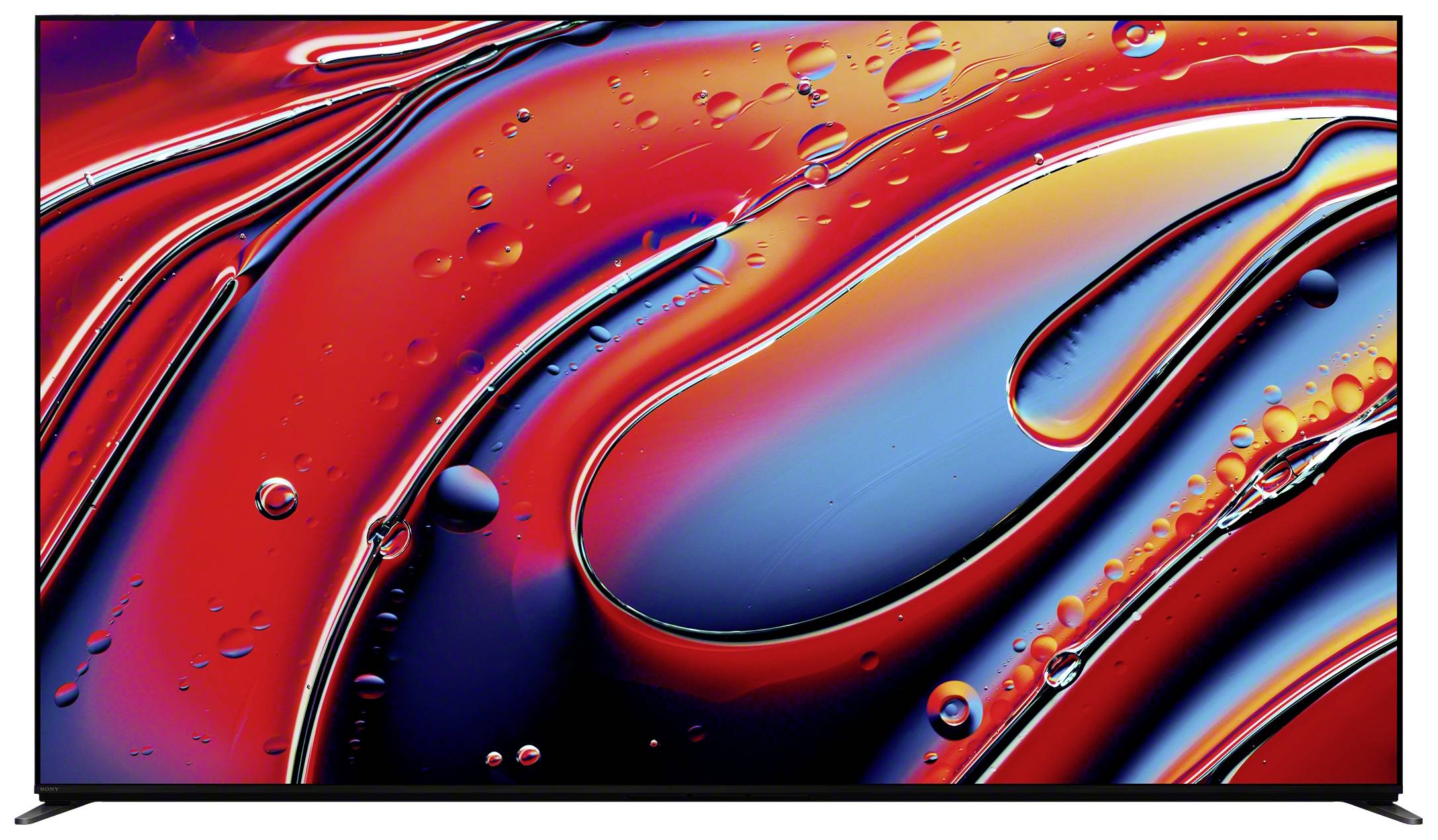 Immagine astratta con sfumature luminose di rosso, blu e viola e gocce d'acqua. Forme dinamiche e fluide.