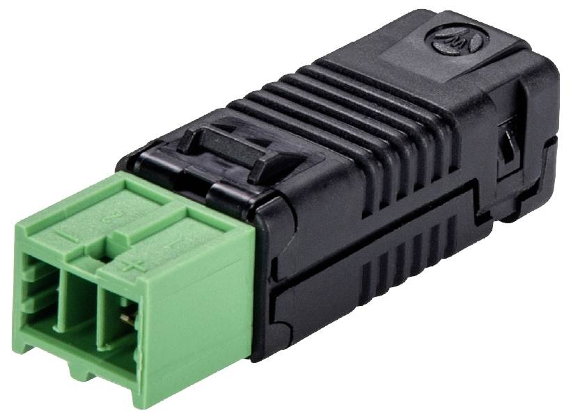 Un connettore elettrico verde e nero con due slot di connessione. La parte nera ha superfici scanalate per una migliore impugnatura.