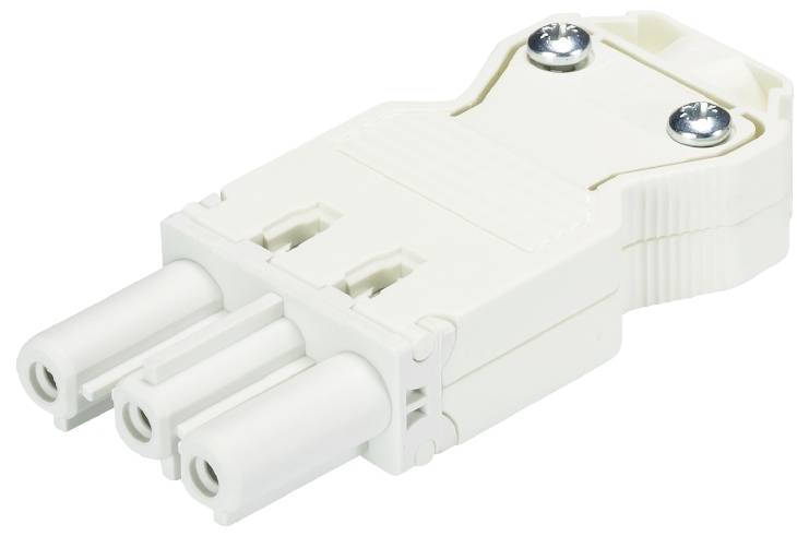 Un connettore bianco tripolare con due viti visibili e tre slot paralleli, su sfondo bianco.