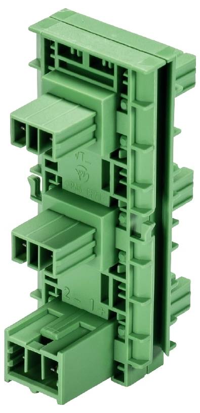 Spina multipla in plastica verde con alloggiamenti laterali, impilabile verticalmente. Adatta per connessioni elettroniche.