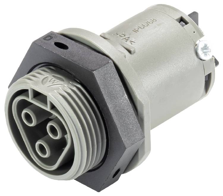 Un connettore industriale con involucro cilindrico, tre pin di contatto e filettatura per il fissaggio. Adatto per applicazioni robuste.