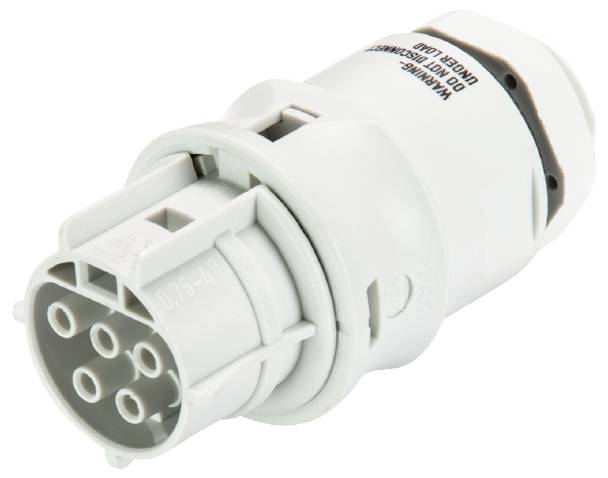 Connettore elettrico cilindrico bianco con sette pin metallici sul lato.
