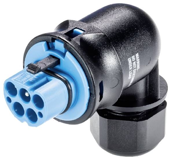 Connettore elettrico con copertura nera e area interna blu, per connessioni di cavi in applicazioni industriali.