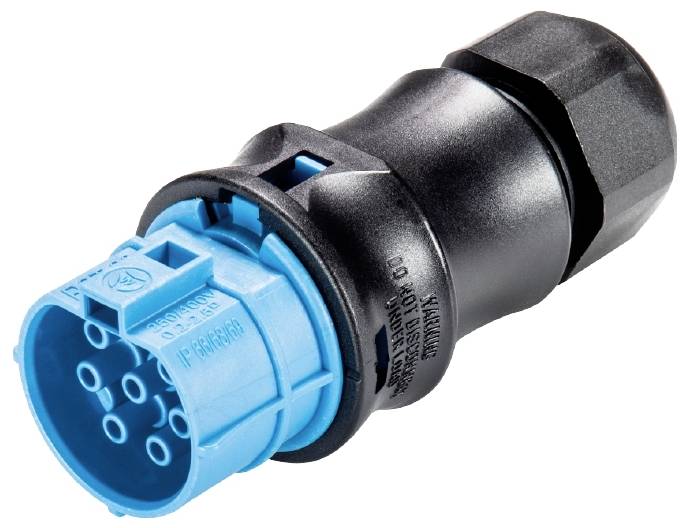Un adattatore cilindrico blu con più connettori e una copertura nera. Adatto per applicazioni industriali.