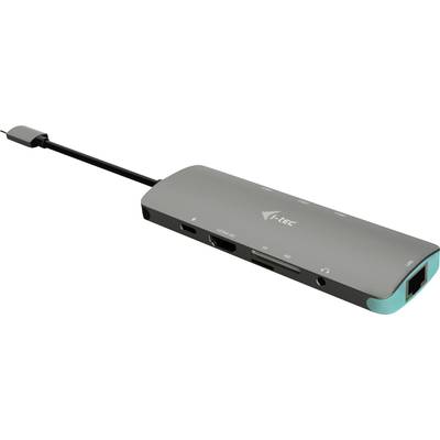 Hub USB-C grigio con più porte, tra cui HDMI, Ethernet, USB e slot per schede SD, per l'espansione dei dispositivi.