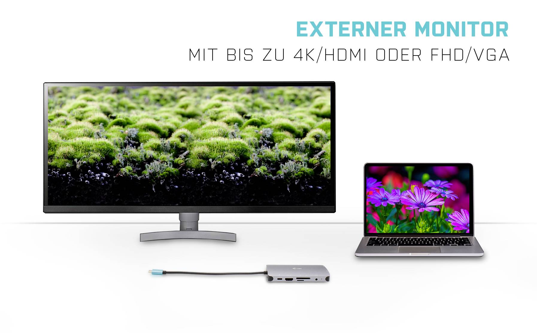 Monitor esterno accanto al laptop, collegato tramite adattatore, mostra un'immagine di pianta. Testo in alto: 'Monitor esterno fino a 4K/HDMI o FHD/VGA'.