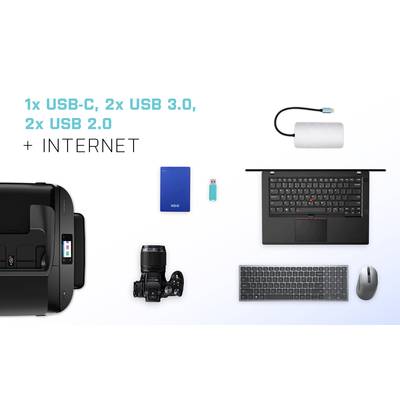 'Layout con dispositivi: laptop, batteria esterna, hard disk, chiavetta USB, fotocamera, tastiera, stampante. Possibilità di connessione: 1x USB-C, 2x USB 3.0, 2x USB 2.0, Internet.'
