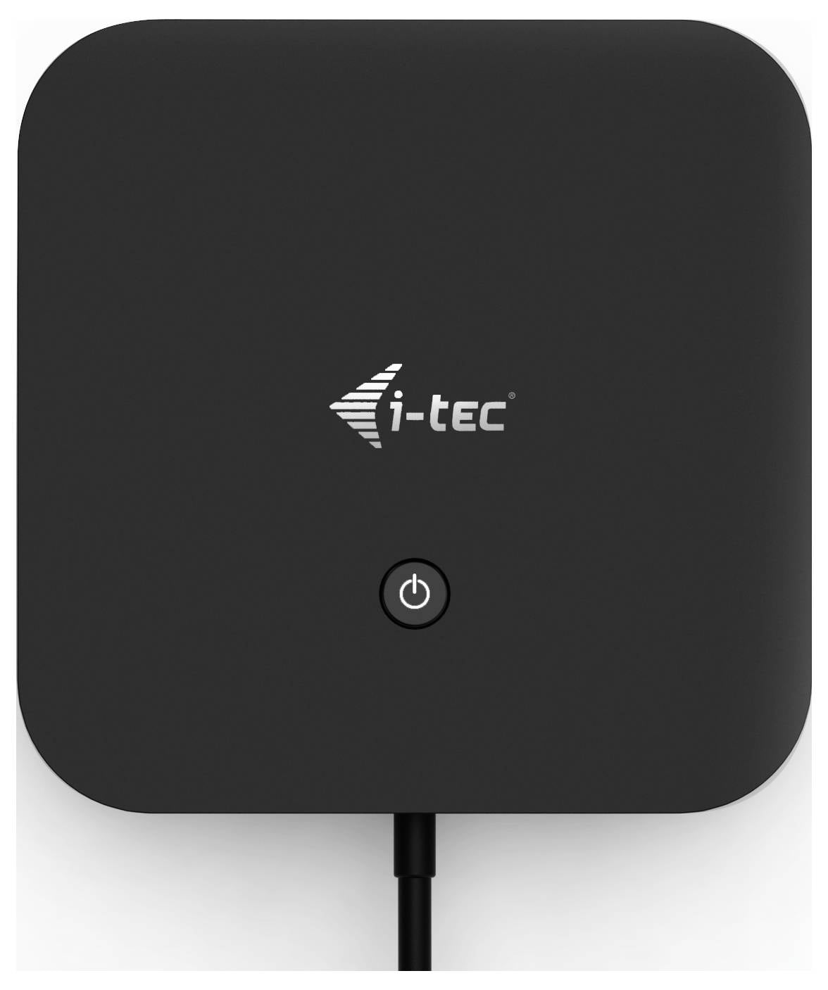 Dispositivo tecnico nero con logo 'i-tec' e interruttore di rete al centro, collegato tramite un cavo.