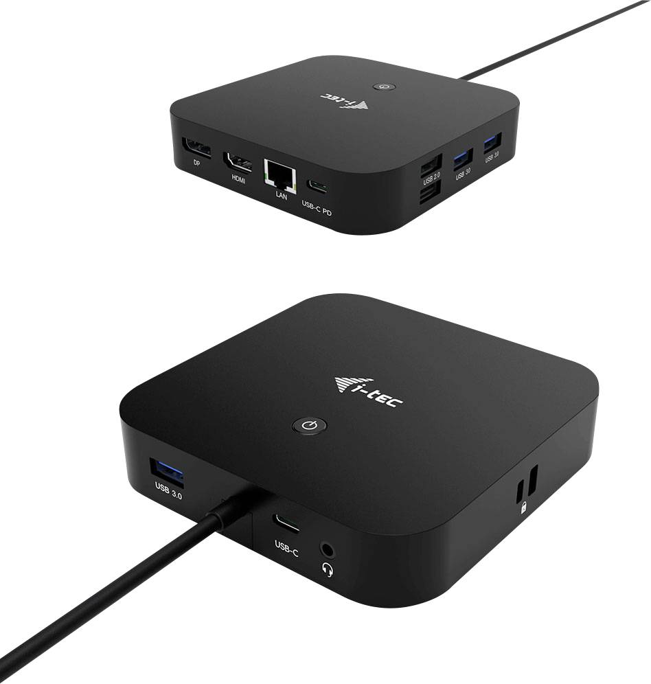Stazione di docking nero con USB-C, dotata di porte HDMI, LAN, USB e audio. Mostra due prospettive del dispositivo.