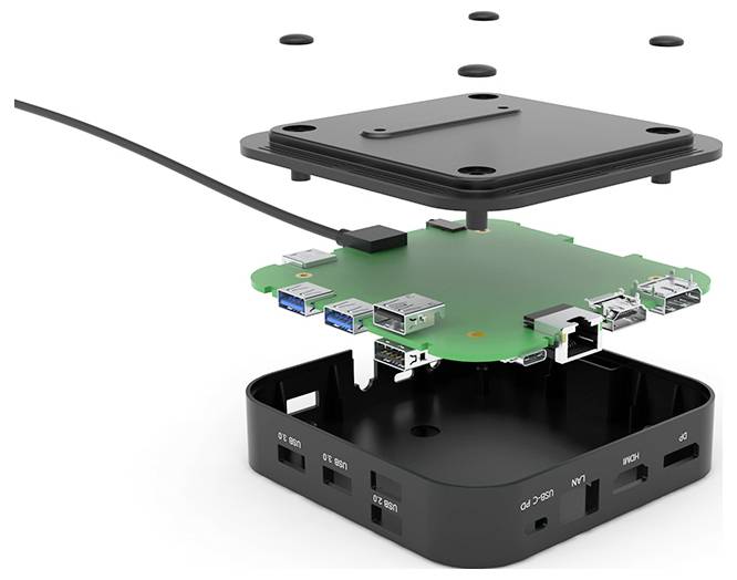 Vista esplosa di un hub multi-porta con porte USB. Mostra la scheda madre interna e i componenti del telaio separatamente.
