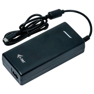 Caricabatterie universale nero per laptop, con cavo rimovibile e design compatto, adatto a diversi dispositivi.