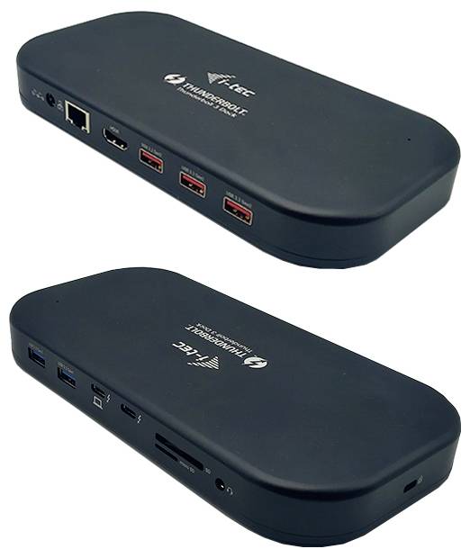'Due stazioni di aggancio Thunderbolt nere con multiple porte, tra cui USB, Ethernet e HDMI, per connettività avanzata.'