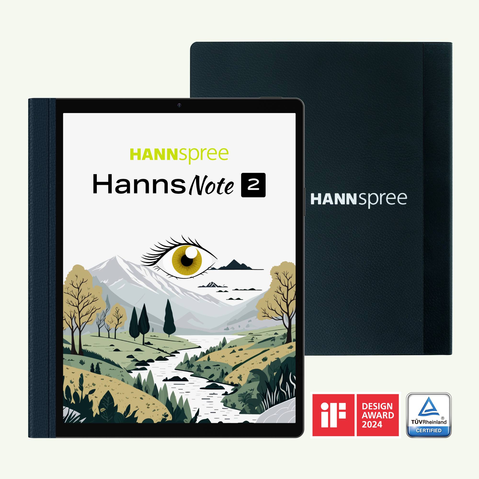 L'immagine mostra un tablet Hannspree HannsNote 2 con un motivo naturale sullo schermo e riconoscimenti per il design e la certificazione TÜV.