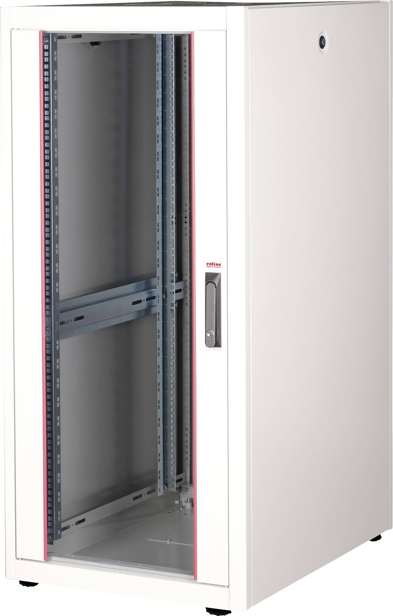 Armadio server bianco e vuoto con porta in vetro, idoneo per ospitare attrezzature IT, che mostra un design uniforme per ambienti tecnici.