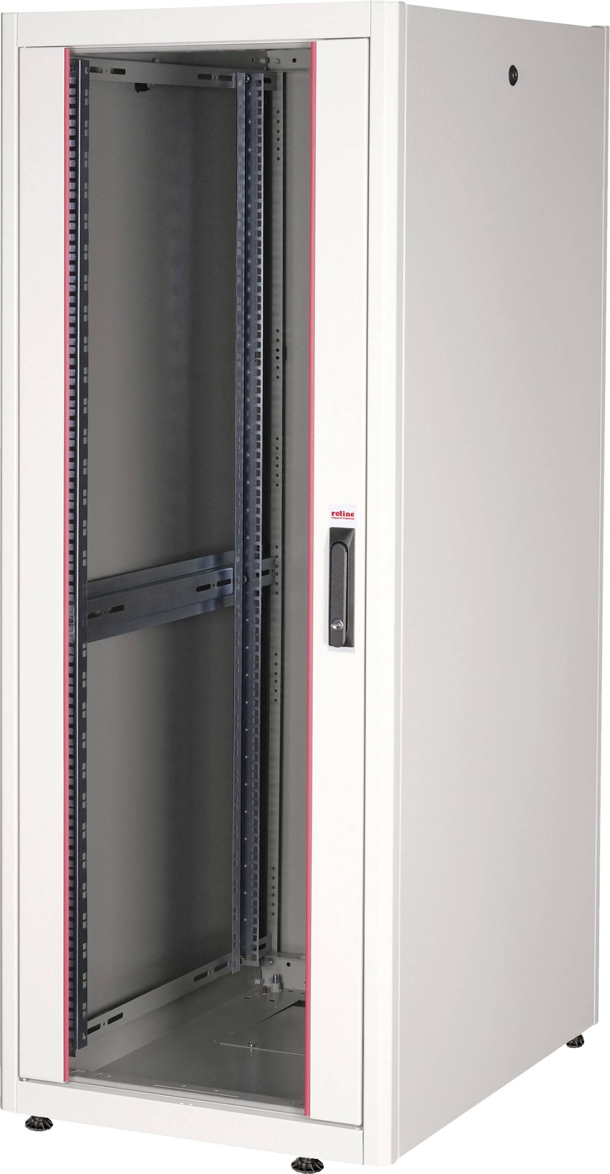 Un armadio rack server vuoto, bianco, con porta in vetro; struttura interna metallica visibile. Ideale per attrezzature IT e di rete.