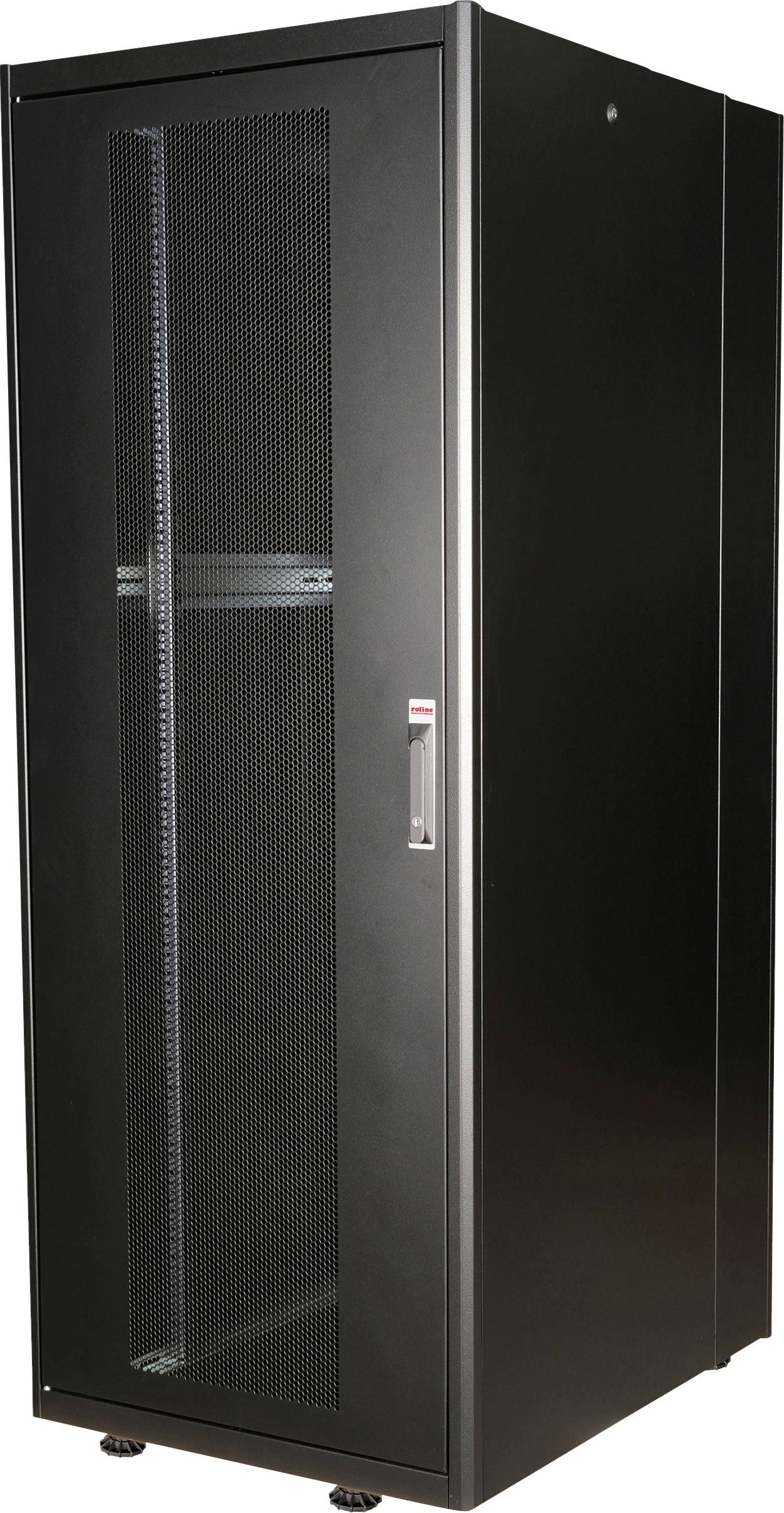 Un rack server nero con porta a griglia, idoneo per la conservazione e il raffreddamento sicuro di dispositivi di rete nei data center.