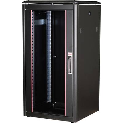 Rack server nero con porta in vetro, area dedicata all'hardware server, profilo decorativo rosso sulla porta, idoneo per il contenimento di dispositivi IT.