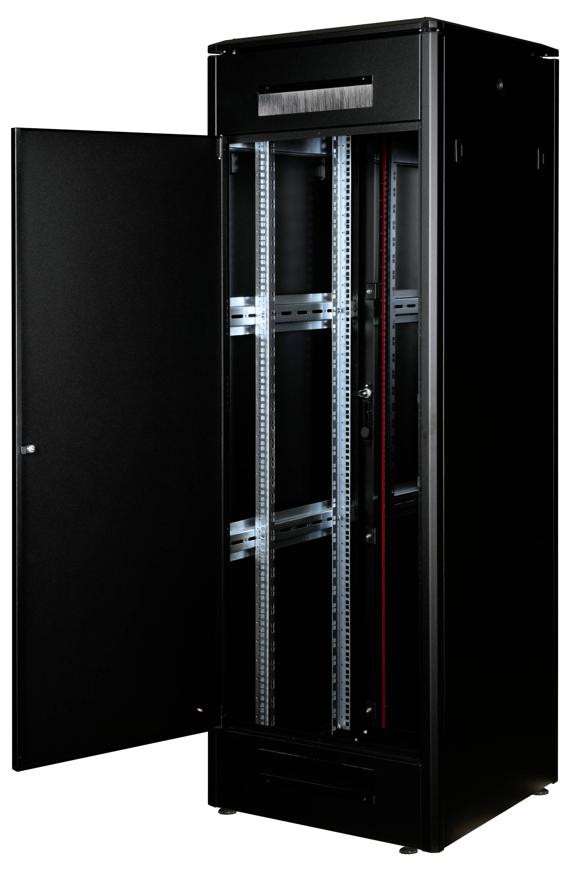 Un armadio server nero aperto con supporti e guide visibili per l'hardware del server.