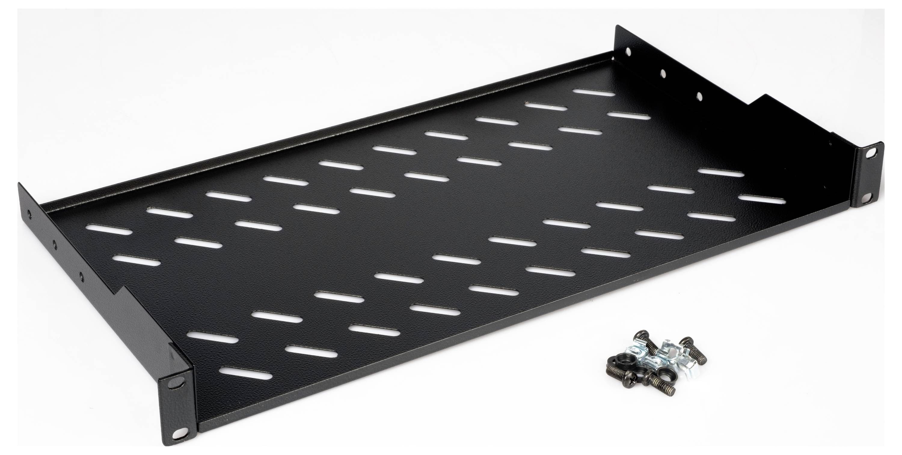 Vassoio di montaggio nero per rack con fessure di ventilazione, posizionato orizzontalmente con materiale di montaggio (viti) accanto. Adatto per dispositivi di rete.