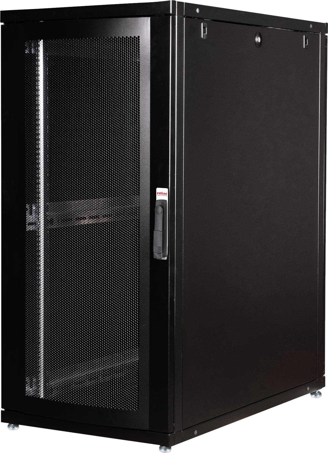 Un armadio server nero con porta in vetro è in piedi verticalmente. Ha fessure di ventilazione e una maniglia sul lato anteriore.