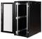 Contenitore rack per computer nero con porta frontale aperta e guide di montaggio visibili per server o dispositivi di rete.
