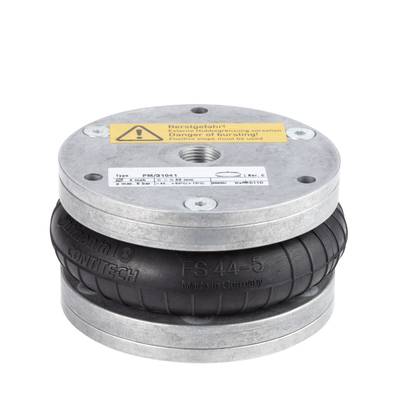 Un elemento elastico nero in gomma e metallo con avvertenza 'Rischio di rottura'. La parte superiore ha un disco metallico con filettatura.
