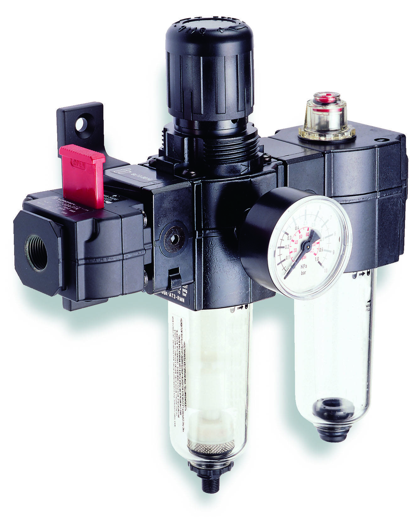 Unità di manutenzione pneumatica con involucro nero, manometro, regolatore di pressione e due separatori d'acqua trasparenti.