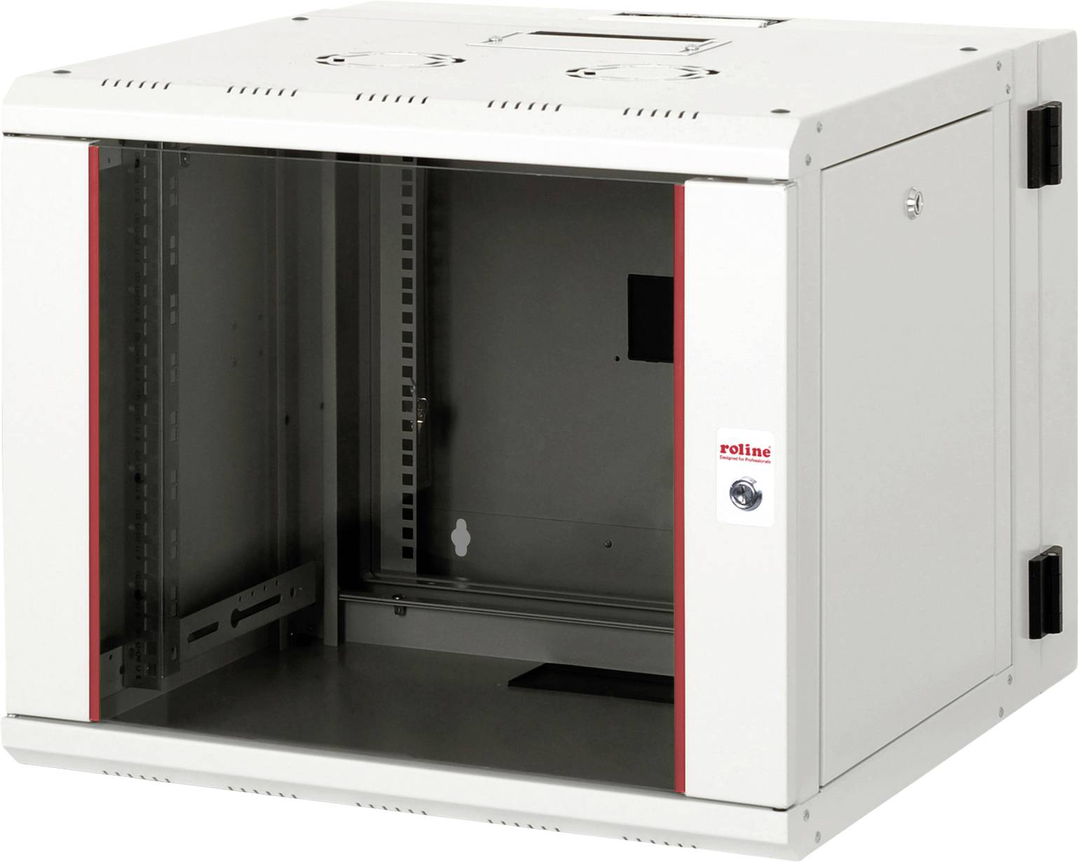 Un armadio rack per server in metallo con porta in vetro, parzialmente aperto, dotato di fessure di ventilazione e serratura, progettato per ospitare apparecchiature di rete.