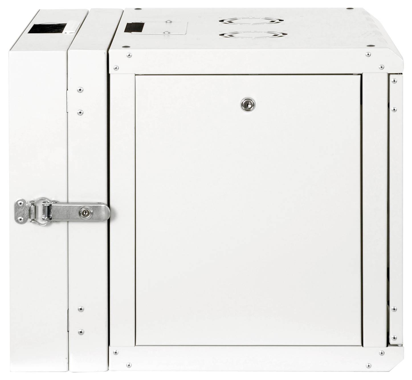 'Un armadietto metallico bianco a forma di scatola con un fermo sul lato sinistro e ventole di ventilazione sulla parte superiore.'