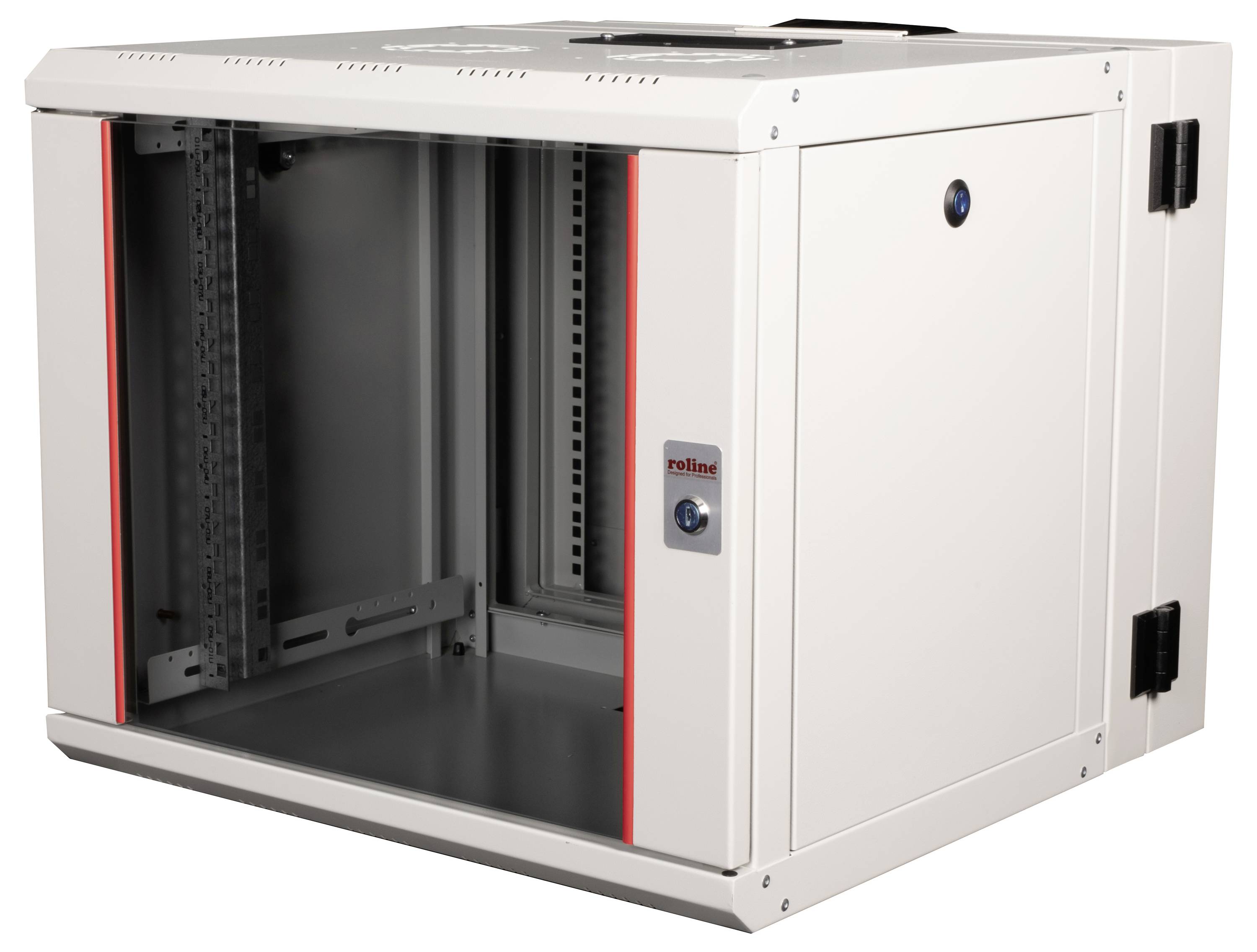 Un armadio rack server bianco a parete con uno sportello anteriore aperto, che mostra un interno vuoto e bordature verticali rosse sui bordi.