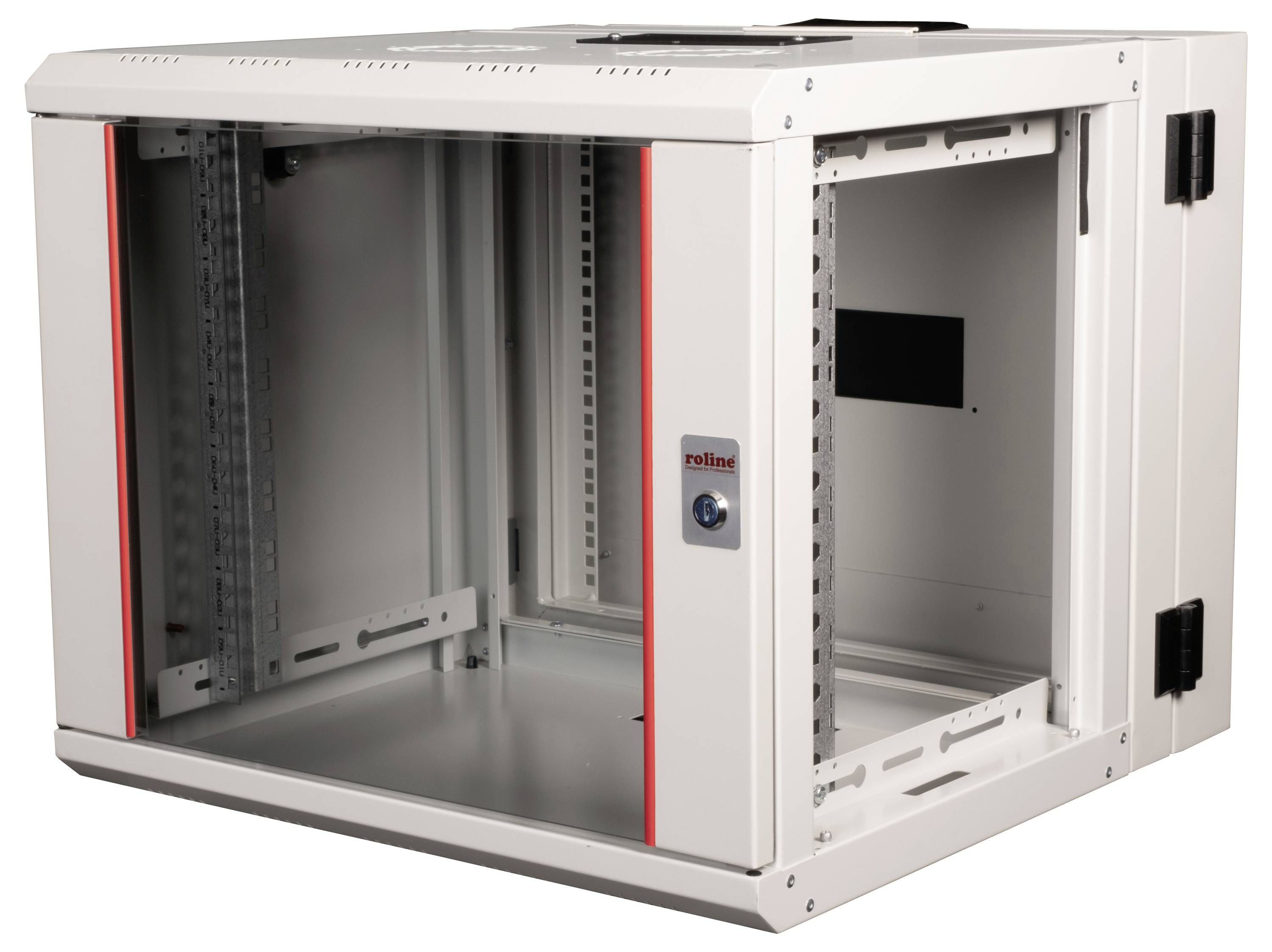 Armadio rack per server a parete bianco con serratura a chiave, pannelli frontali e laterali aperti, con dettagli in rosso, che mostra l'infrastruttura interna per il montaggio dei dispositivi.