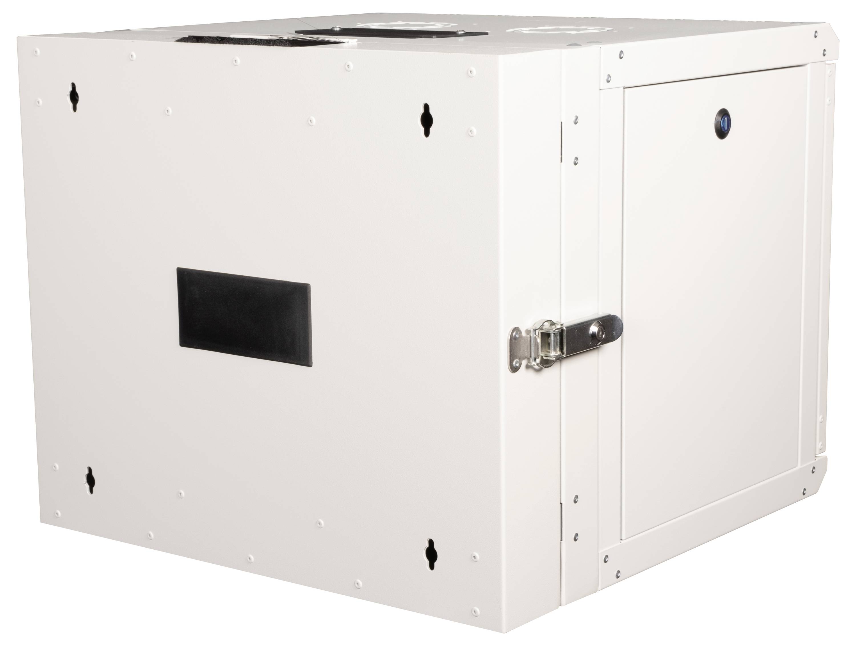 Un armadio metallico bianco, rettangolare, con un dispositivo di chiusura sicuro e fori di ventilazione, probabilmente destinato a ospitare apparecchiature elettroniche.