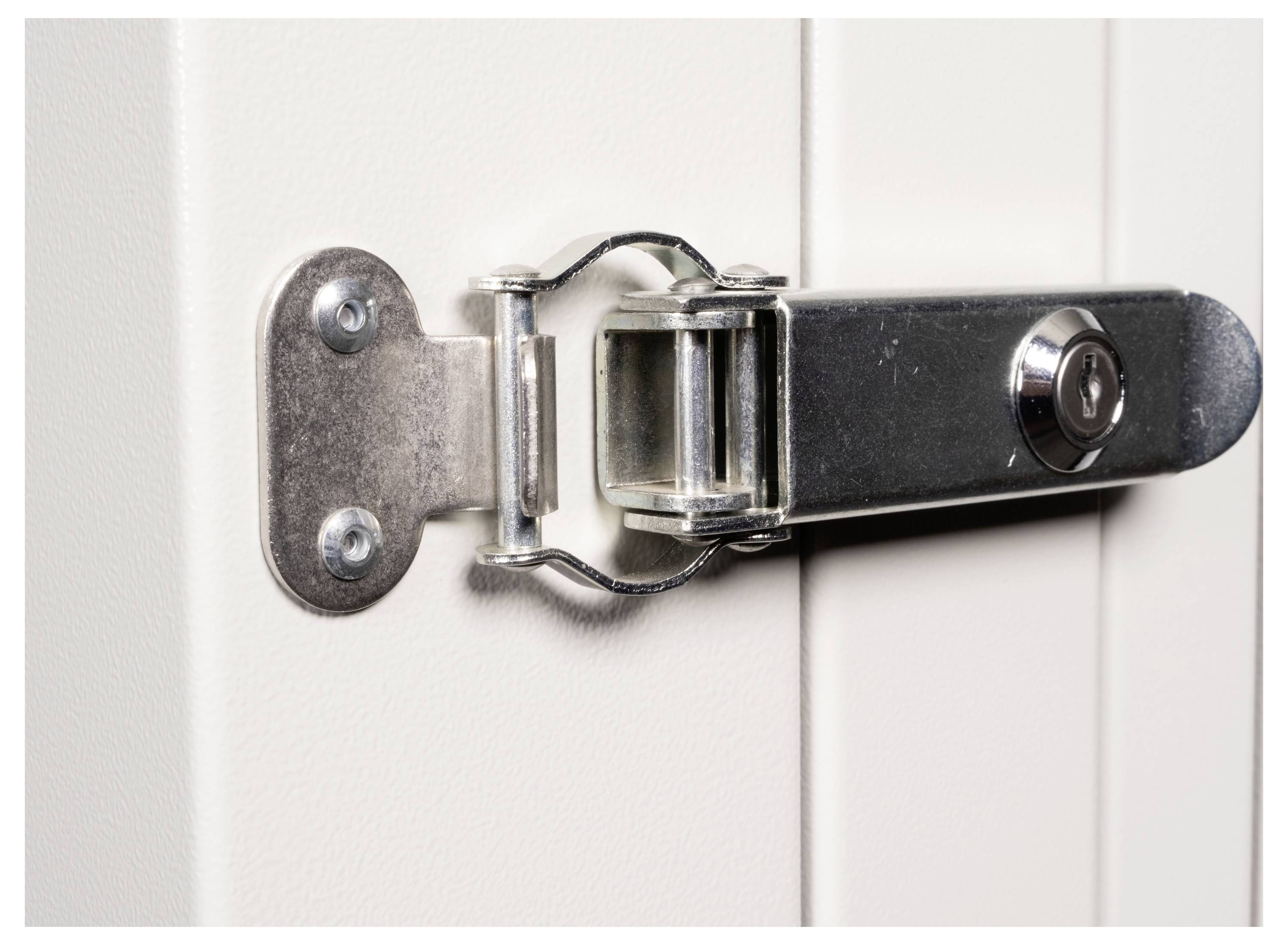 Un primo piano di un chiavistello metallico su una porta di colore chiaro, assicurato e bloccato con un meccanismo a chiave, che suggerisce sicurezza e protezione.